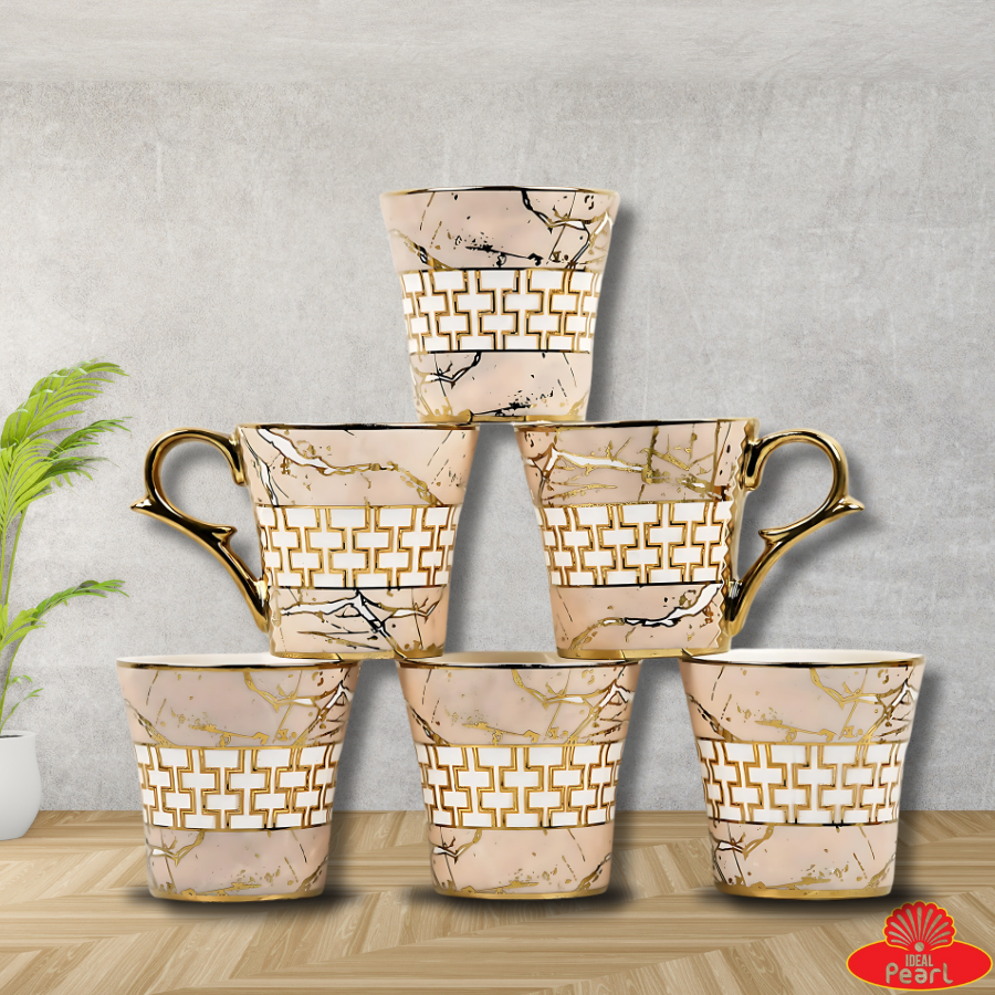 BP Bharat Premium Ceramic Pink Gold Line Coffee & Tea Cup | Finest Premium for Tea/Coffee/Hot Drinks | Set of 6 | Capacity- 155 ML |(Not Microwave Safe)